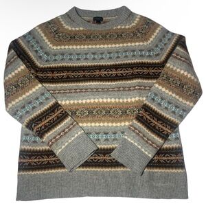 J. Crew Black Label Large Mens Fair Isle Lambswool Sweater Crewneck Striped Gray